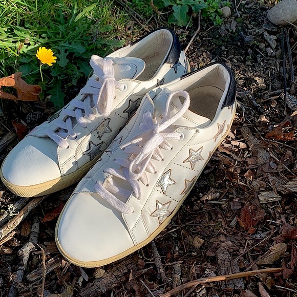 Saint Laurent Paris bright white silver star navy Sneakers Sz 42 1/2 designer - Picture 8 of 17